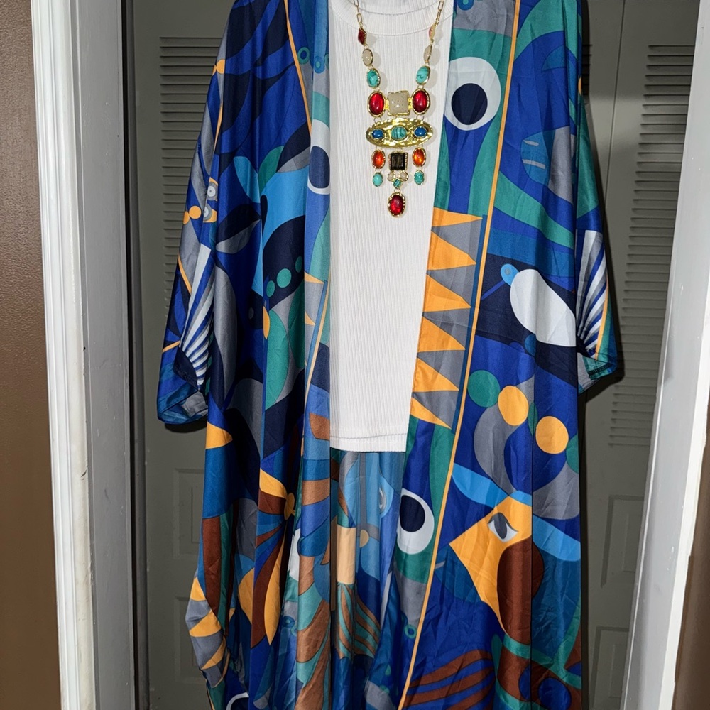 Vibrant Geometric Patterned Duster Os - image 1